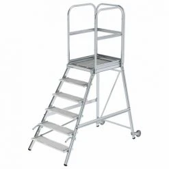 G&UUML;NZBURGER STEIGTECHNIK Günzburger Podestleiter Mit Rollen Und Griff Stahl-Gitterrost 6 Stufen