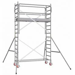 GERUEST EXPERTEN Alu Rollgerüst Länge 2,66m, 1 Holz/Alu Bühne 244x60cm Mit Durchstiegsklappe Und Fußleisten, Lenkrollen Und Ausleger Höhenverstellbar, Bühnehöhe 1,90m - 7125022